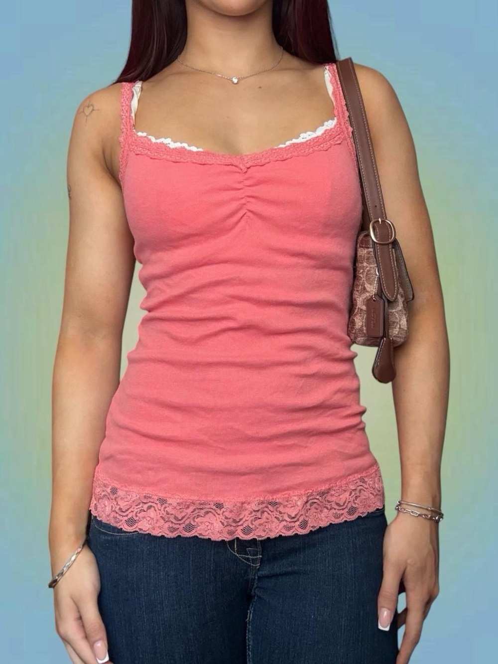 Women's Pink Lace-Trim Ribbed Tank Top